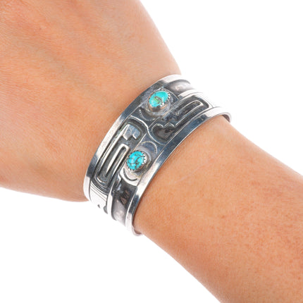 6.2" Vintage Navajo sterling silver turquoise geometric overlay cuff bracelet