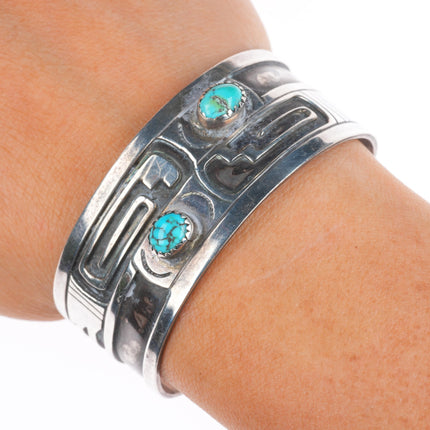 6.2" Vintage Navajo sterling silver turquoise geometric overlay cuff bracelet