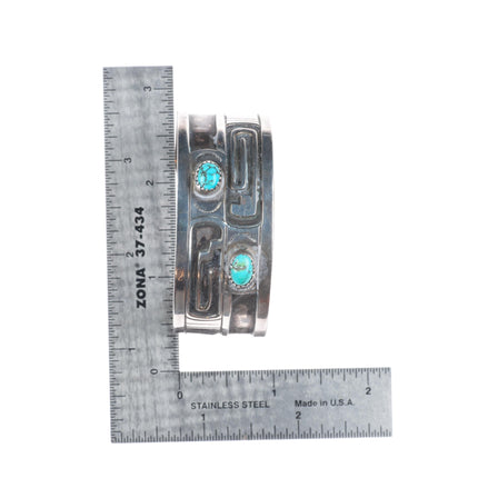 6.2" Vintage Navajo sterling silver turquoise geometric overlay cuff bracelet