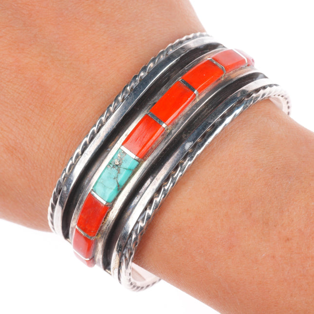 6.2" Vintage Native American sterling silver turquoise/coral inlay cuff bracelet