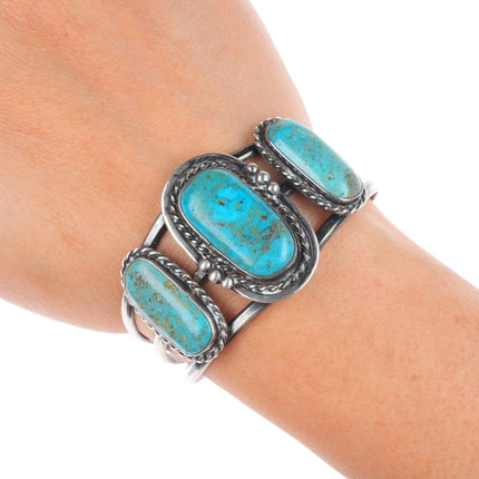6.1" Vintage Navajo sterling silver 3 stone turquoise cuff bracelet