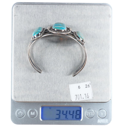 6.1" Vintage Navajo sterling silver 3 stone turquoise cuff bracelet