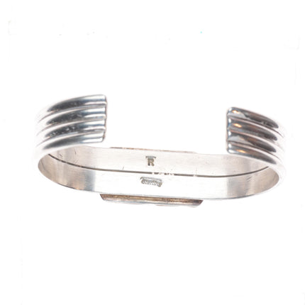 6.6" Vintage R Navajo sterling silver green waterweb turquoise cuff bracelet