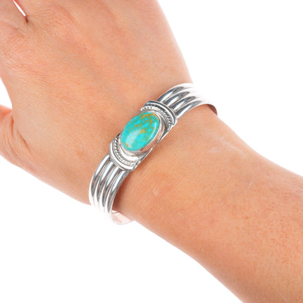 6.6" Vintage R Navajo sterling silver green waterweb turquoise cuff bracelet