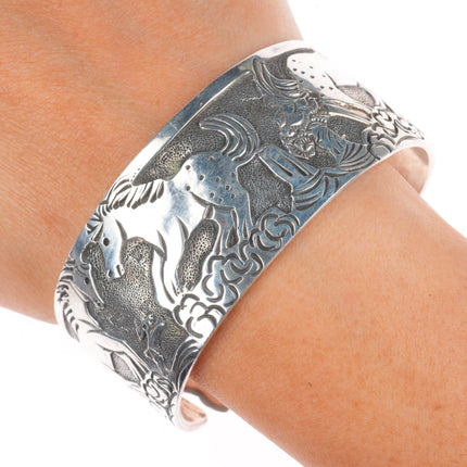 7.2" Lloyd Becenti Navajo sterling silver horses cuff bracelet interior design