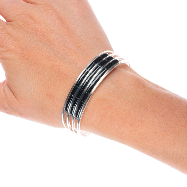 6.6" Anson/Laticia Wallace Zuni jet channel inlay sterling silver cuff bracelet