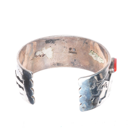 7" Filbert Brown Navajo sterling silver-coral/lapis Yei/Kokopellis cuff bracelet