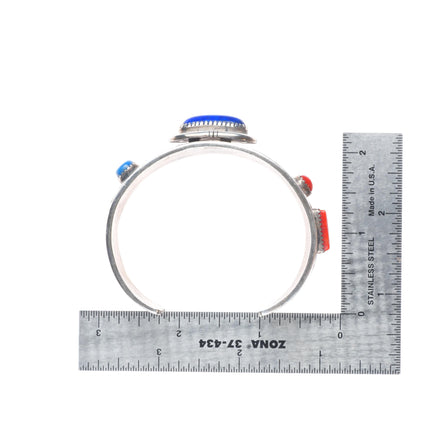 7" Filbert Brown Navajo sterling silver-coral/lapis Yei/Kokopellis cuff bracelet