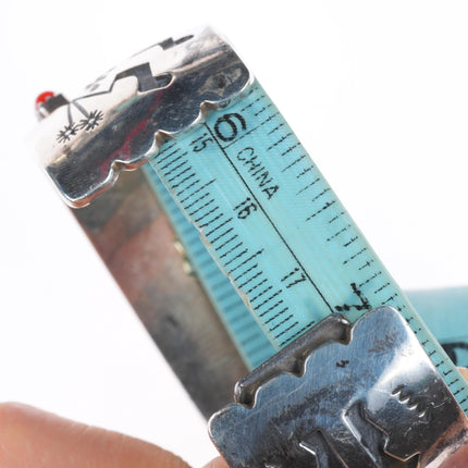 7" Filbert Brown Navajo sterling silver-coral/lapis Yei/Kokopellis cuff bracelet