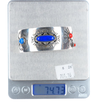 7" Filbert Brown Navajo sterling silver-coral/lapis Yei/Kokopellis cuff bracelet