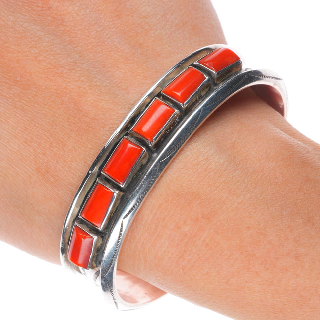 6.75" Vintage Navajo Mediterranean coral row cuff bracelet carinated sides