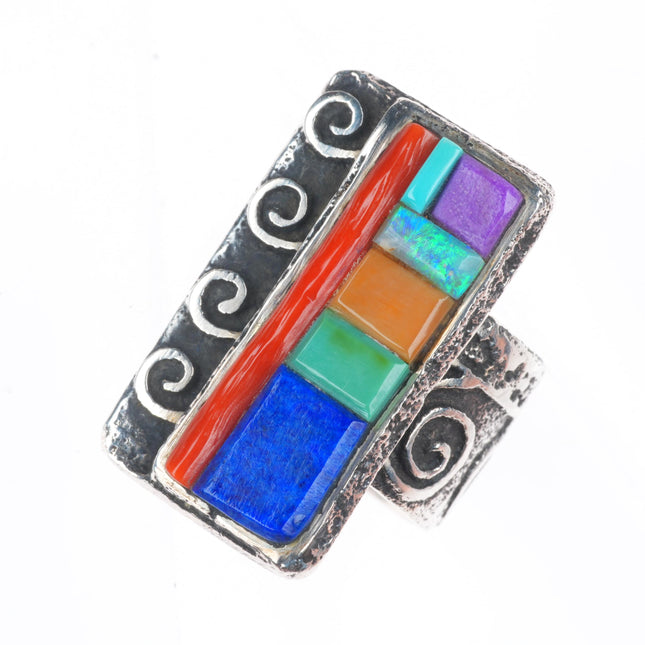 sz7 Steve Wikviya LaRance Hopi tufa cast sterling silver multi-stone inlay ring