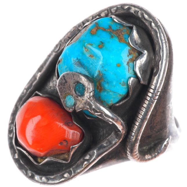 sz10.5 Vintage Effie Calavaza sterling silver turquoise/coral men's snake ring