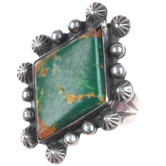 sz7 30's-40's Navajo Cerrillos turquoise intricate sterling/ingot silver ring