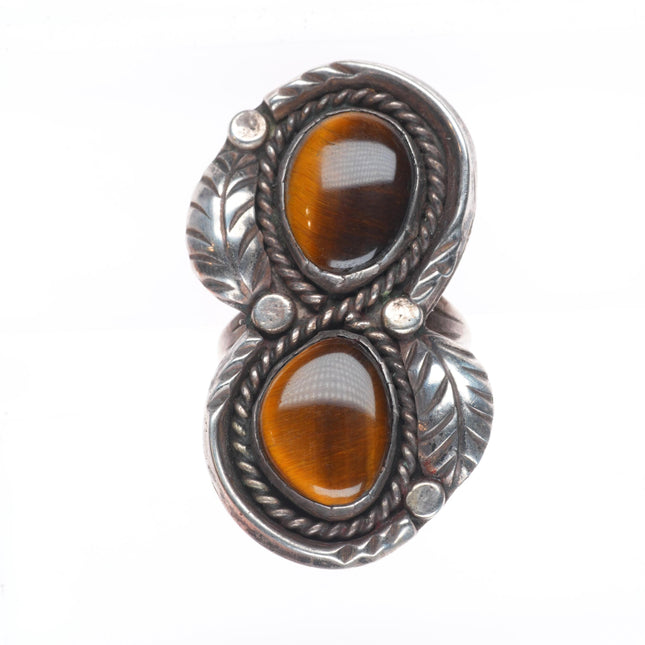 sz9 Vintage Navajo sterling silver tiger's eye two stone ring