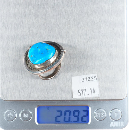 sz7.5 big Vintage Navajo sterling silver turquoise ring rope bezel