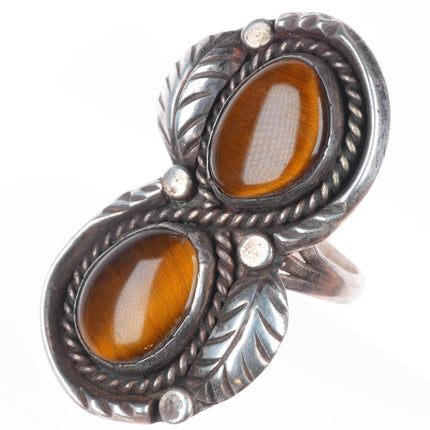 sz9 Vintage Navajo sterling silver tiger's eye two stone ring