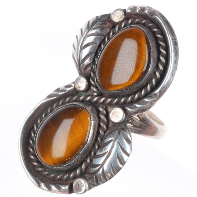 sz9 Vintage Navajo sterling silver tiger's eye two stone ring