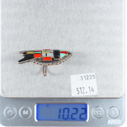 sz6 Big vintage Zuni sterling silver horned Kachina inlay ring