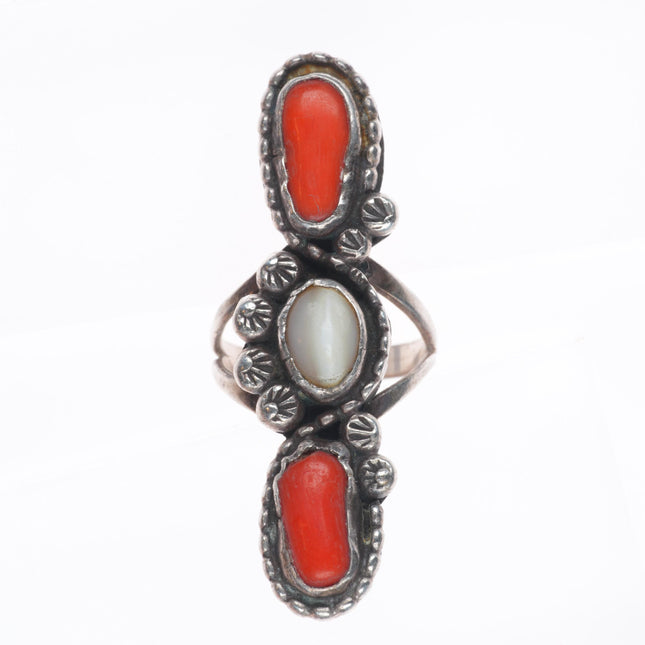 sz4 Vintage Navajo sterling silver long coral/shell three stone ring