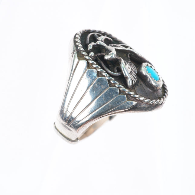 sz11 Heavy vintage Navajo BJ sterling silver turquoise eagle men's ring