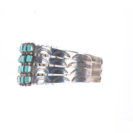 6" c1950 Vintage Zuni square cut turquoise 4 row sterling silver cuff bracelet