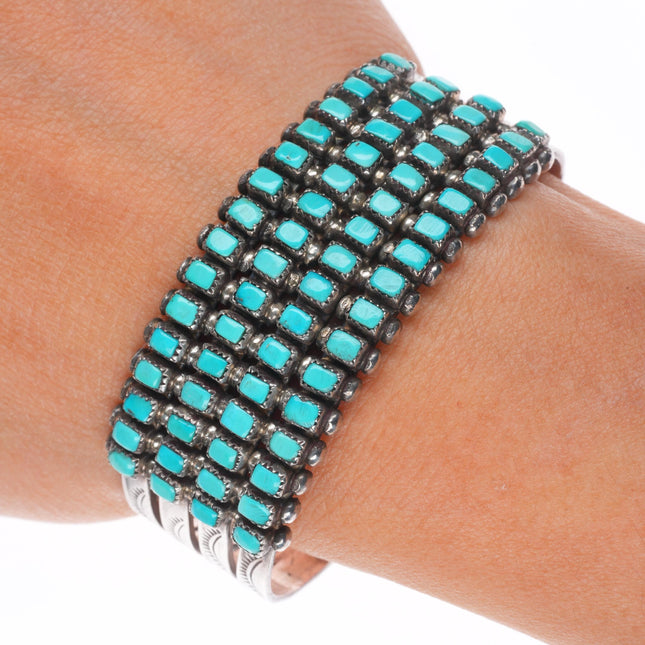 6" c1950 Vintage Zuni square cut turquoise 4 row sterling silver cuff bracelet