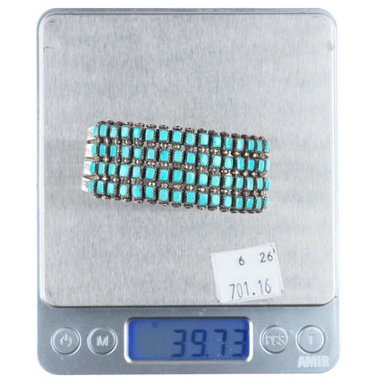 6" c1950 Vintage Zuni square cut turquoise 4 row sterling silver cuff bracelet