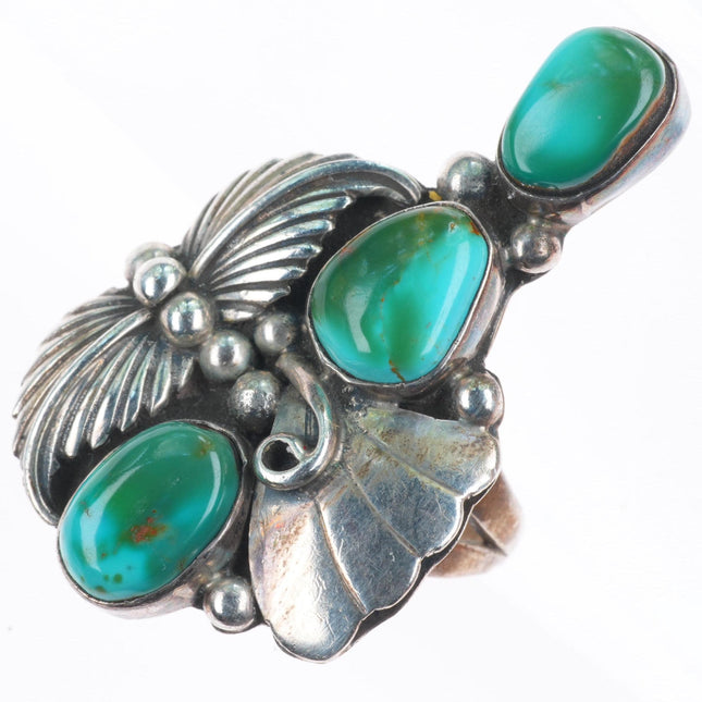 sz8.5 Vintage Royston turquoise big sterling silver Navajo long ring 3 stone