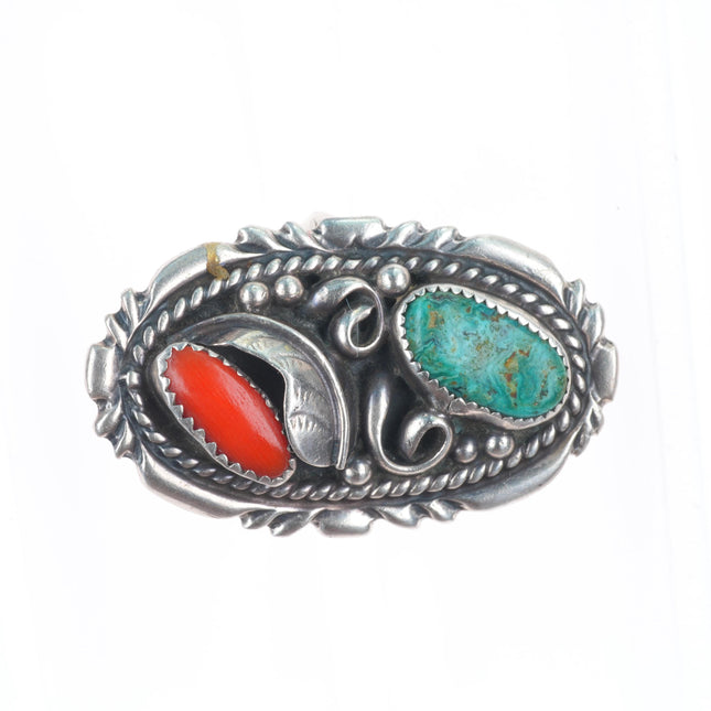 sz9 Big vintage Navajo sterling silver turquoise/coral feather decorated ring