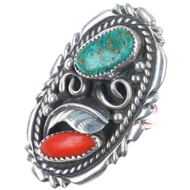 sz9 Big vintage Navajo sterling silver turquoise/coral feather decorated ring