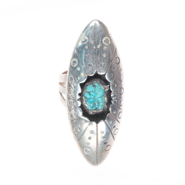 sz8 MW Navajo sterling silver long shadowbox stamped ring with turquoise