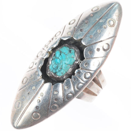 sz8 MW Navajo sterling silver long shadowbox stamped ring with turquoise