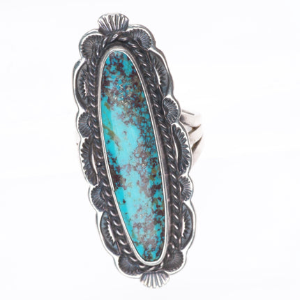 sz7 Vintage Navajo sterling silver long ring with nice spiderweb turquoise