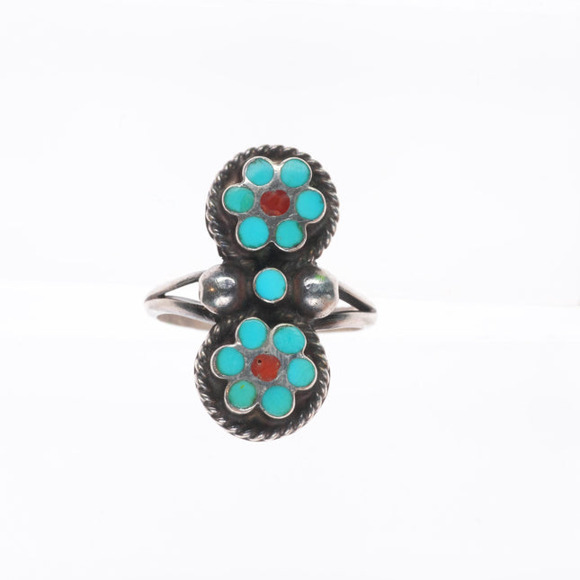 sz6.5 Vintage Zuni Dishta style sterling silver turquoise/coral flush inlay ring