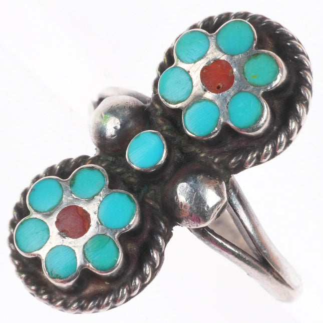 sz6.5 Vintage Zuni Dishta style sterling silver turquoise/coral flush inlay ring