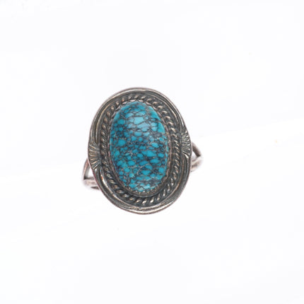 sz6 Vintage Navajo sterling silver spiderweb turquoise ring with rope bezel