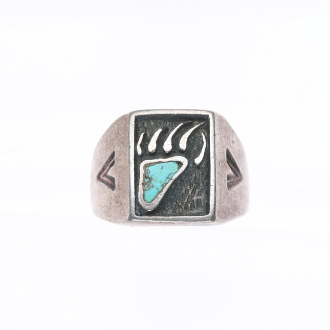 sz10.5 vintage Navajo sterling silver turquoise inlay bear paw men's ring