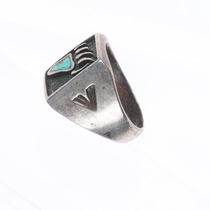 sz10.5 vintage Navajo sterling silver turquoise inlay bear paw men's ring
