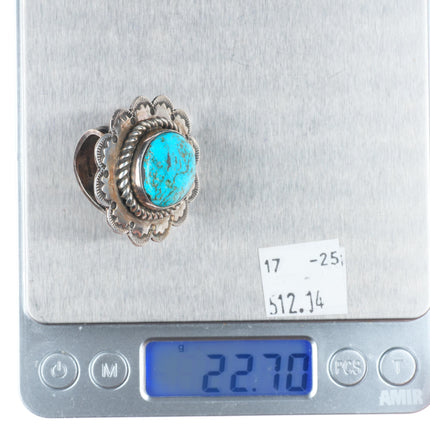 sz8 Big vintage CJ Navajo sterling silver stamped top ring with nice turquoise