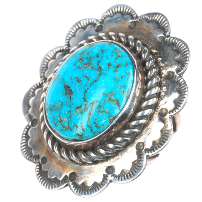 sz8 Big vintage CJ Navajo sterling silver stamped top ring with nice turquoise