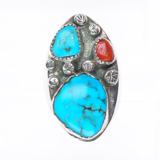 sz11 Large vintage Zuni sterling silver turquoise/coral men's ring