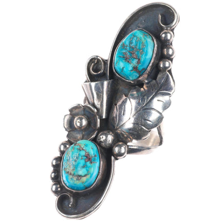 sz7 Phil Chapo Navajo sterling silver long ring with turquoise