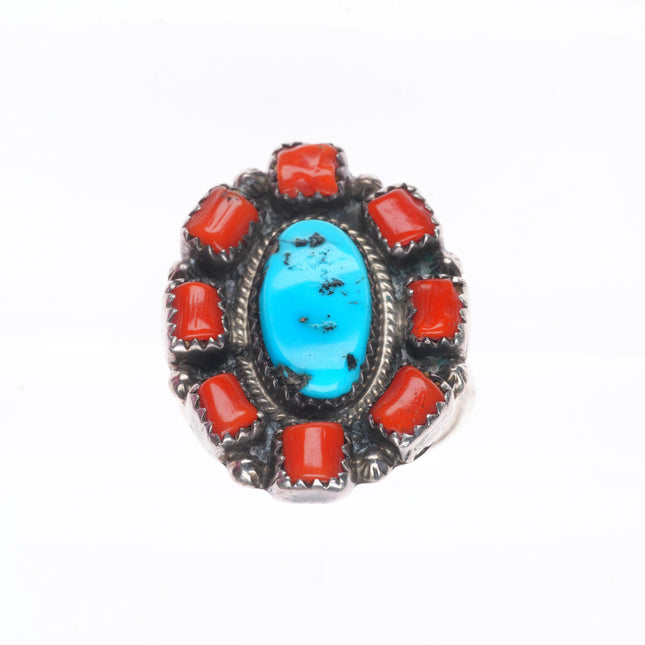 sz10 vintage Navajo sterling silver turquoise/coral ring Running Bear shop