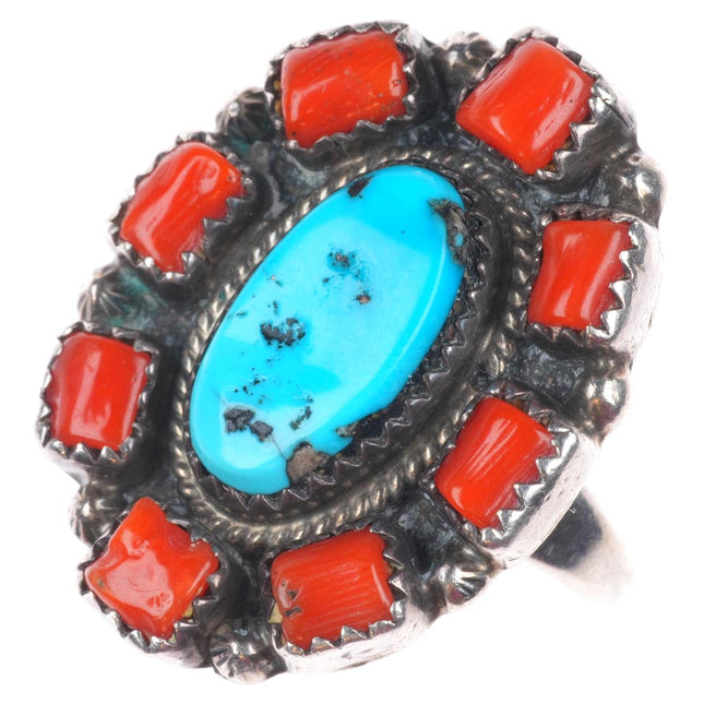 sz10 vintage Navajo sterling silver turquoise/coral ring Running Bear shop