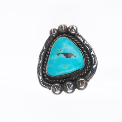 sz5.5 vintage Navajo sterling silver turquoise ring fancy stamped top