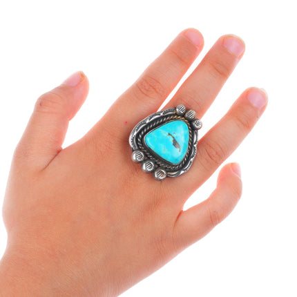 sz5.5 vintage Navajo sterling silver turquoise ring fancy stamped top
