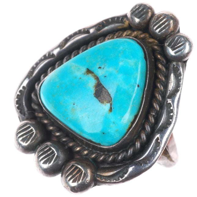 sz5.5 vintage Navajo sterling silver turquoise ring fancy stamped top