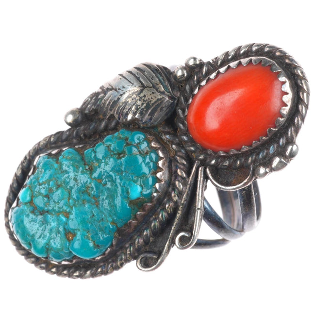 sz7 Angela Lee Navajo sterling silver turquoise/coral vintage ring