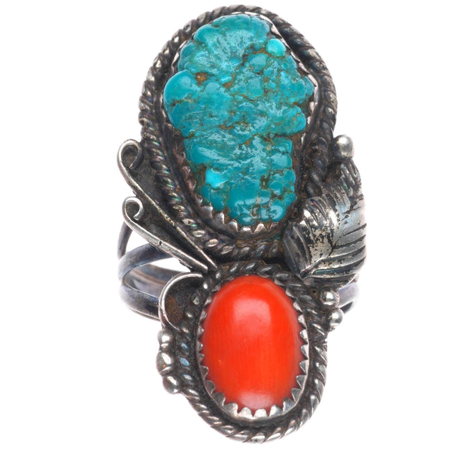 sz7 Angela Lee Navajo sterling silver turquoise/coral vintage ring